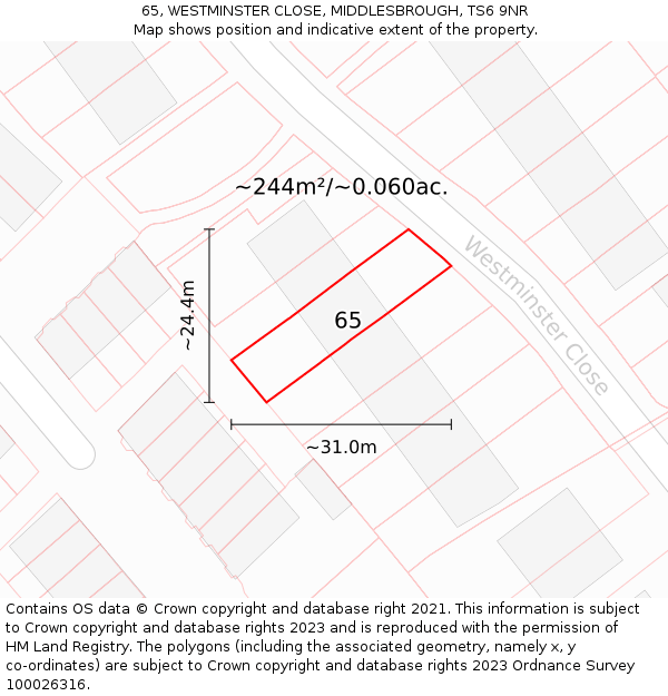 65, WESTMINSTER CLOSE, MIDDLESBROUGH, TS6 9NR: Plot and title map