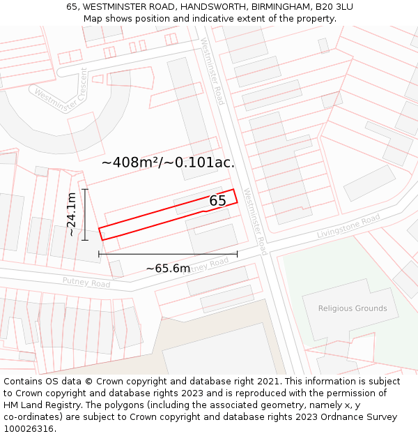 65, WESTMINSTER ROAD, HANDSWORTH, BIRMINGHAM, B20 3LU: Plot and title map