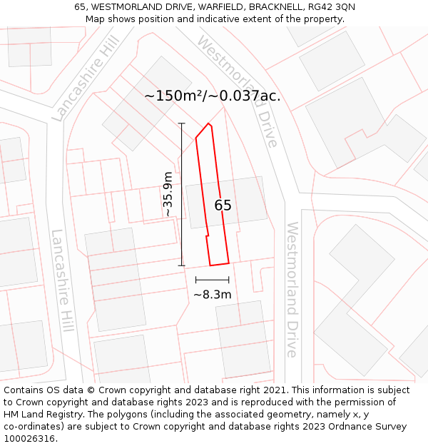 65, WESTMORLAND DRIVE, WARFIELD, BRACKNELL, RG42 3QN: Plot and title map