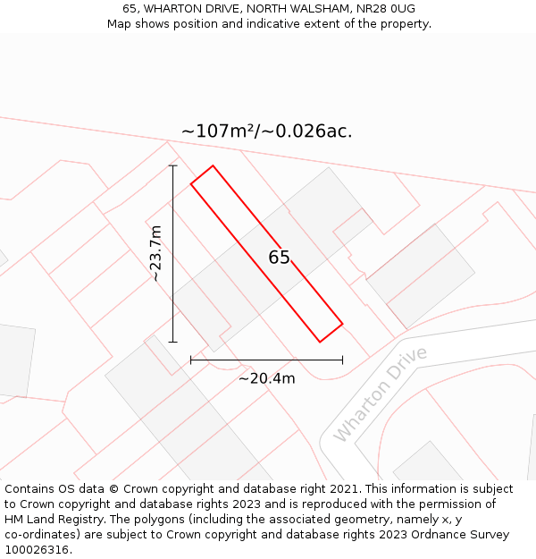 65, WHARTON DRIVE, NORTH WALSHAM, NR28 0UG: Plot and title map
