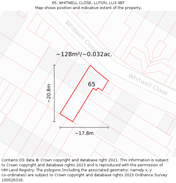65, WHITWELL CLOSE, LUTON, LU3 4BT: Plot and title map