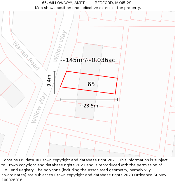 65, WILLOW WAY, AMPTHILL, BEDFORD, MK45 2SL: Plot and title map