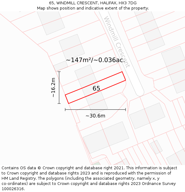 65, WINDMILL CRESCENT, HALIFAX, HX3 7DG: Plot and title map