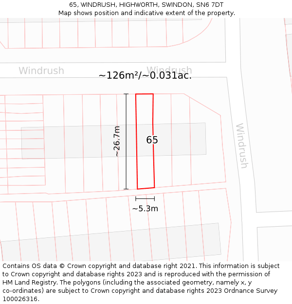 65, WINDRUSH, HIGHWORTH, SWINDON, SN6 7DT: Plot and title map