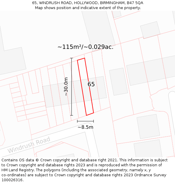 65, WINDRUSH ROAD, HOLLYWOOD, BIRMINGHAM, B47 5QA: Plot and title map