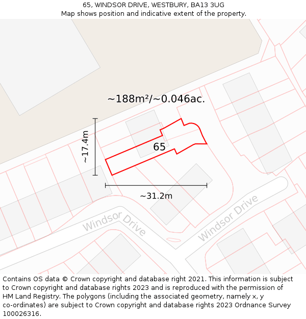 65, WINDSOR DRIVE, WESTBURY, BA13 3UG: Plot and title map
