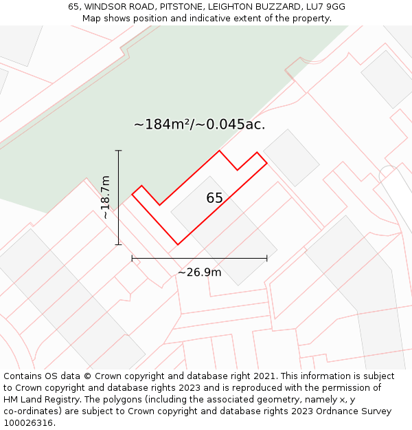65, WINDSOR ROAD, PITSTONE, LEIGHTON BUZZARD, LU7 9GG: Plot and title map
