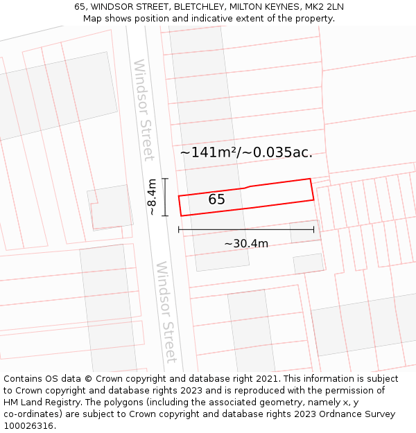 65, WINDSOR STREET, BLETCHLEY, MILTON KEYNES, MK2 2LN: Plot and title map
