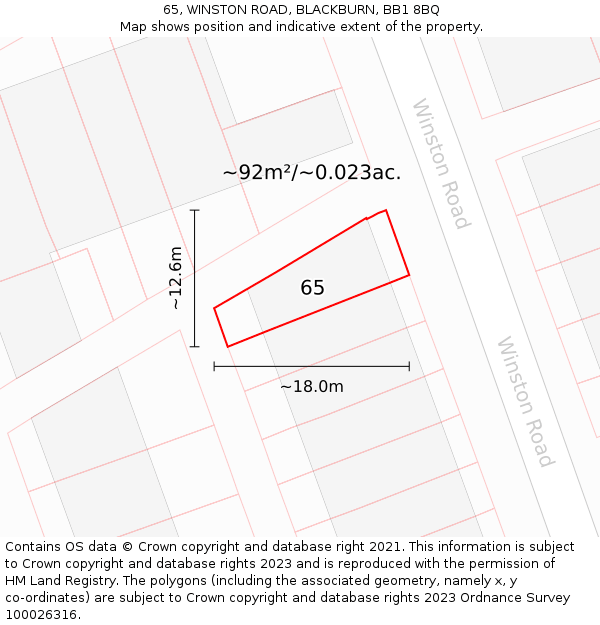 65, WINSTON ROAD, BLACKBURN, BB1 8BQ: Plot and title map