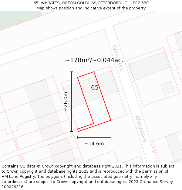 65, WINYATES, ORTON GOLDHAY, PETERBOROUGH, PE2 5RG: Plot and title map