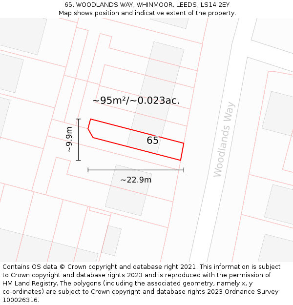 65, WOODLANDS WAY, WHINMOOR, LEEDS, LS14 2EY: Plot and title map