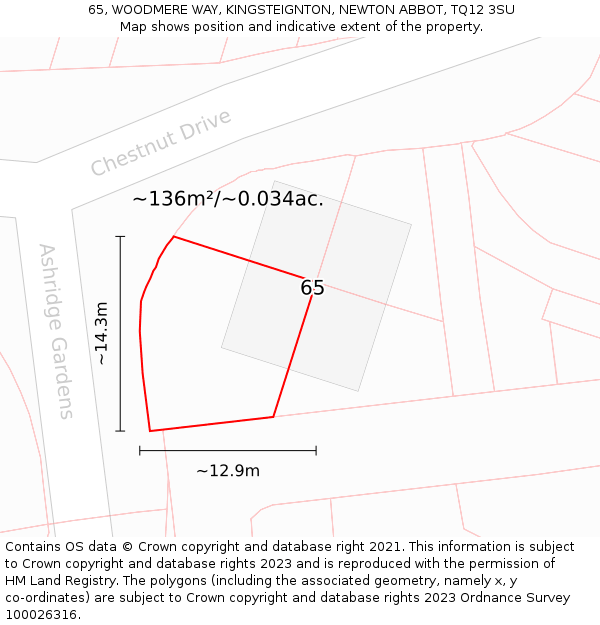 65, WOODMERE WAY, KINGSTEIGNTON, NEWTON ABBOT, TQ12 3SU: Plot and title map