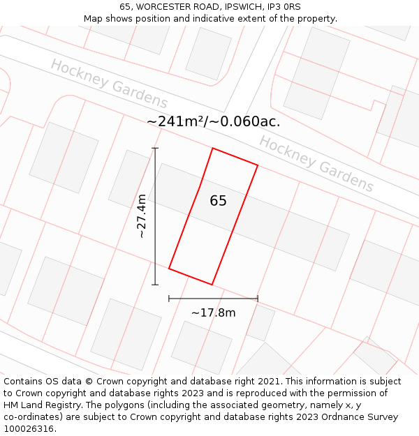 65, WORCESTER ROAD, IPSWICH, IP3 0RS: Plot and title map