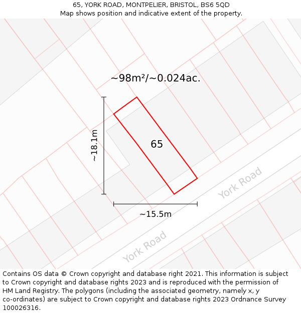 65, YORK ROAD, MONTPELIER, BRISTOL, BS6 5QD: Plot and title map