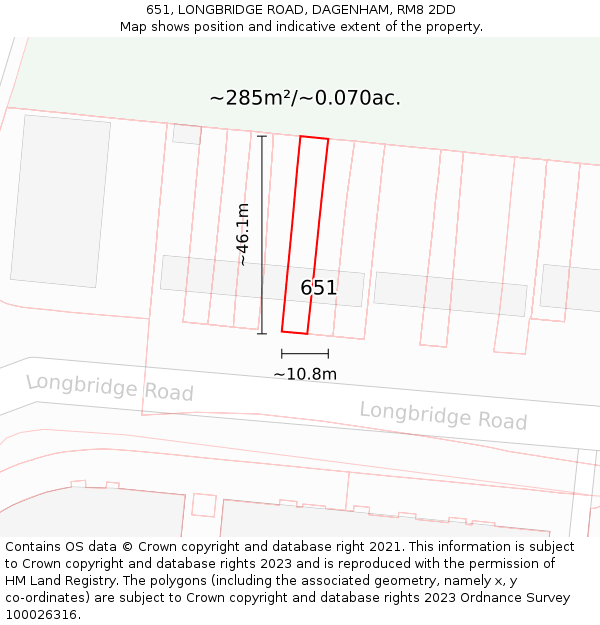 651, LONGBRIDGE ROAD, DAGENHAM, RM8 2DD: Plot and title map