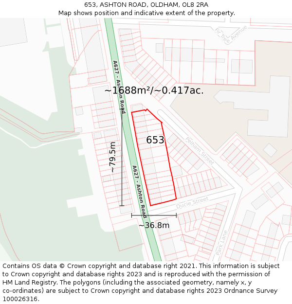 653, ASHTON ROAD, OLDHAM, OL8 2RA: Plot and title map