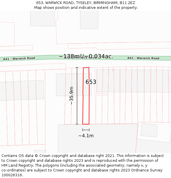 653, WARWICK ROAD, TYSELEY, BIRMINGHAM, B11 2EZ: Plot and title map