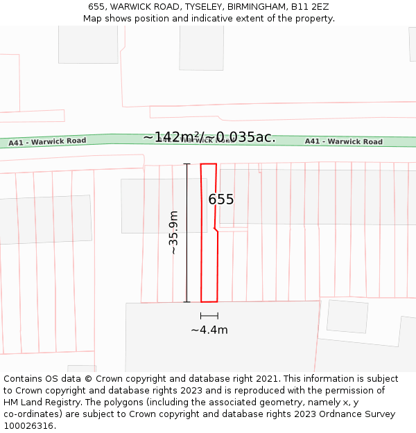 655, WARWICK ROAD, TYSELEY, BIRMINGHAM, B11 2EZ: Plot and title map