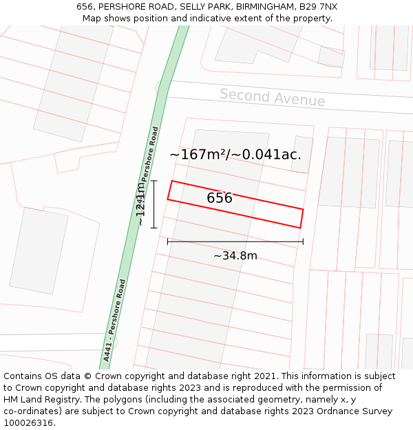 656, PERSHORE ROAD, SELLY PARK, BIRMINGHAM, B29 7NX: Plot and title map