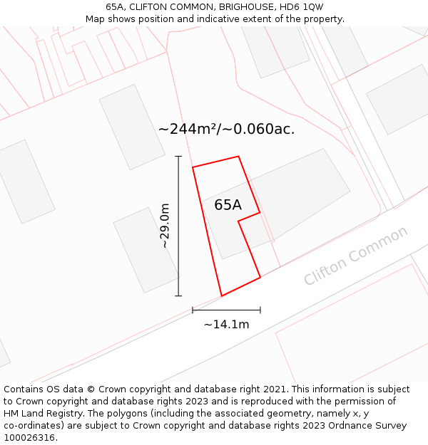 65A, CLIFTON COMMON, BRIGHOUSE, HD6 1QW: Plot and title map