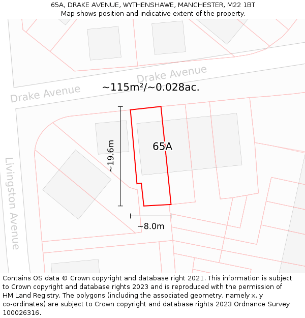 65A, DRAKE AVENUE, WYTHENSHAWE, MANCHESTER, M22 1BT: Plot and title map