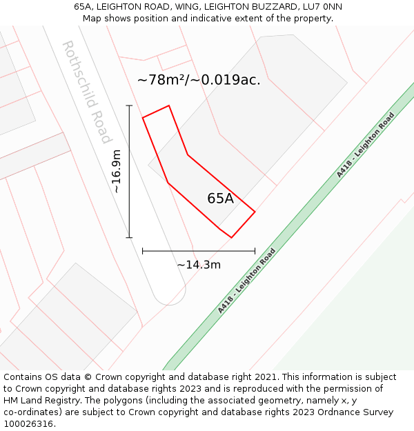 65A, LEIGHTON ROAD, WING, LEIGHTON BUZZARD, LU7 0NN: Plot and title map