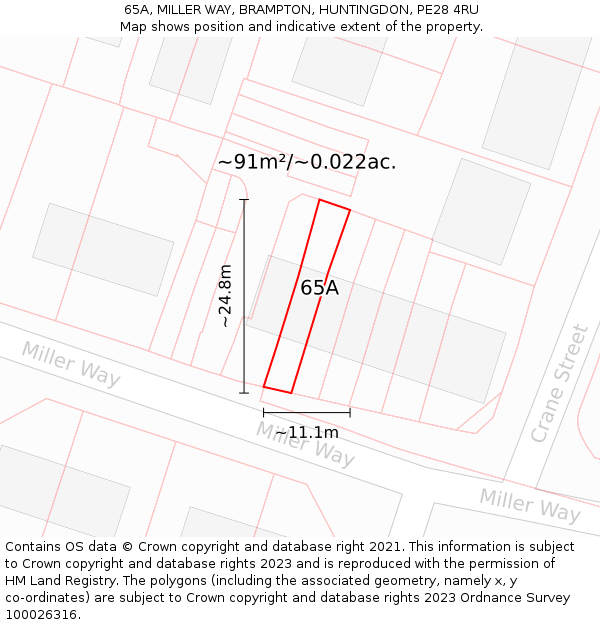 65A, MILLER WAY, BRAMPTON, HUNTINGDON, PE28 4RU: Plot and title map