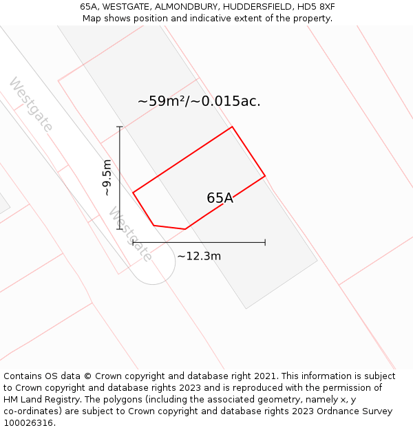 65A, WESTGATE, ALMONDBURY, HUDDERSFIELD, HD5 8XF: Plot and title map