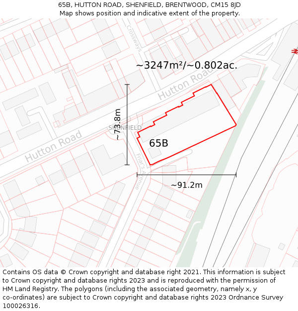 65B, HUTTON ROAD, SHENFIELD, BRENTWOOD, CM15 8JD: Plot and title map