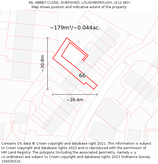 66, ABBEY CLOSE, SHEPSHED, LOUGHBOROUGH, LE12 9EH: Plot and title map