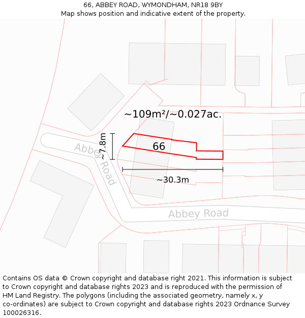 66, ABBEY ROAD, WYMONDHAM, NR18 9BY: Plot and title map