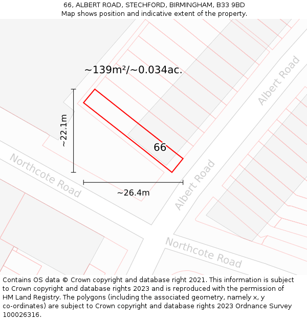 66, ALBERT ROAD, STECHFORD, BIRMINGHAM, B33 9BD: Plot and title map