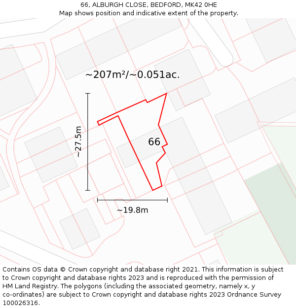66, ALBURGH CLOSE, BEDFORD, MK42 0HE: Plot and title map