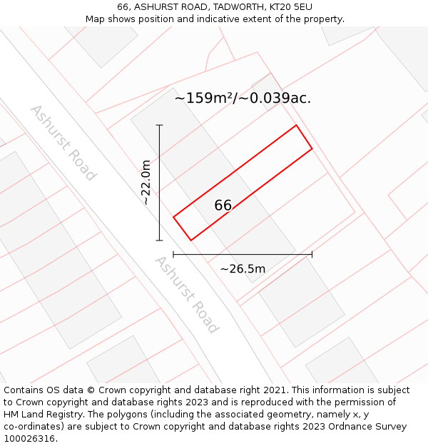 66, ASHURST ROAD, TADWORTH, KT20 5EU: Plot and title map