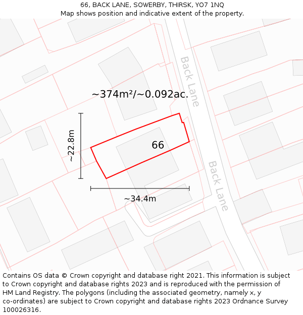 66, BACK LANE, SOWERBY, THIRSK, YO7 1NQ: Plot and title map