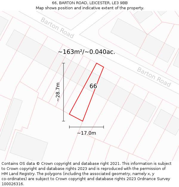 66, BARTON ROAD, LEICESTER, LE3 9BB: Plot and title map