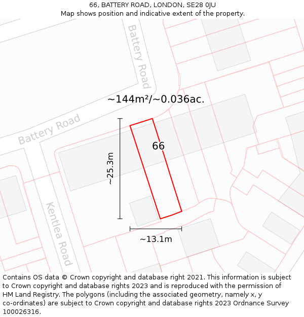 66, BATTERY ROAD, LONDON, SE28 0JU: Plot and title map