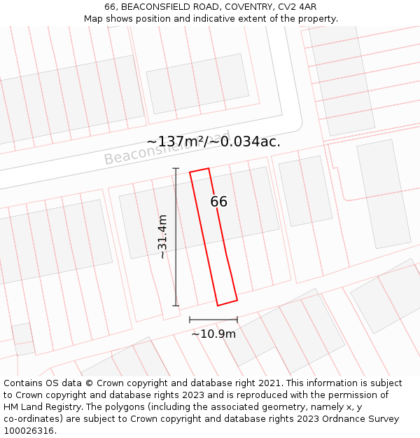 66, BEACONSFIELD ROAD, COVENTRY, CV2 4AR: Plot and title map