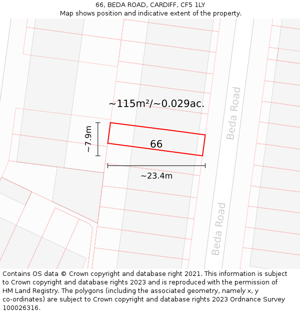 66, BEDA ROAD, CARDIFF, CF5 1LY: Plot and title map