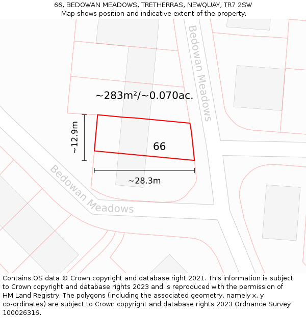 66, BEDOWAN MEADOWS, TRETHERRAS, NEWQUAY, TR7 2SW: Plot and title map
