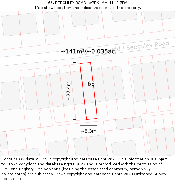 66, BEECHLEY ROAD, WREXHAM, LL13 7BA: Plot and title map