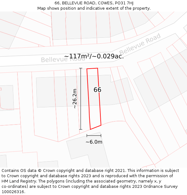 66, BELLEVUE ROAD, COWES, PO31 7HJ: Plot and title map