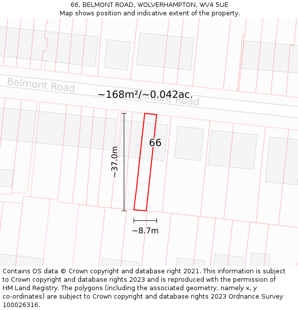 66, BELMONT ROAD, WOLVERHAMPTON, WV4 5UE: Plot and title map