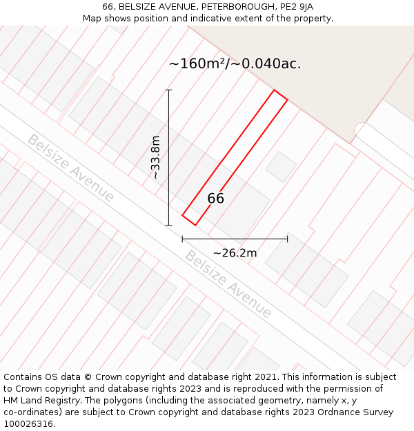 66, BELSIZE AVENUE, PETERBOROUGH, PE2 9JA: Plot and title map