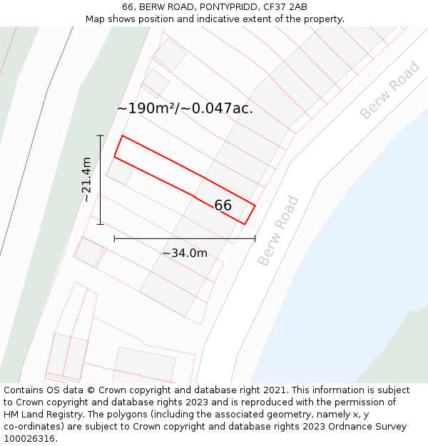 66, BERW ROAD, PONTYPRIDD, CF37 2AB: Plot and title map