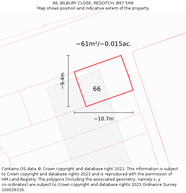 66, BILBURY CLOSE, REDDITCH, B97 5XW: Plot and title map