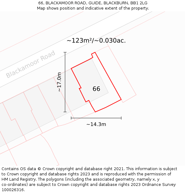 66, BLACKAMOOR ROAD, GUIDE, BLACKBURN, BB1 2LG: Plot and title map