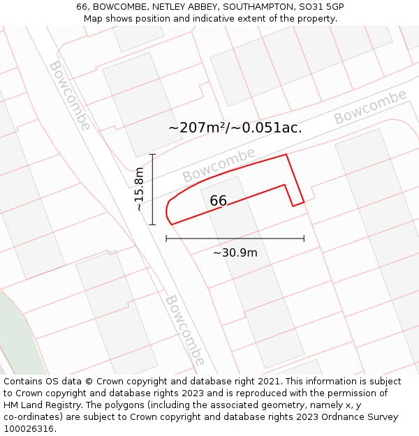 66, BOWCOMBE, NETLEY ABBEY, SOUTHAMPTON, SO31 5GP: Plot and title map