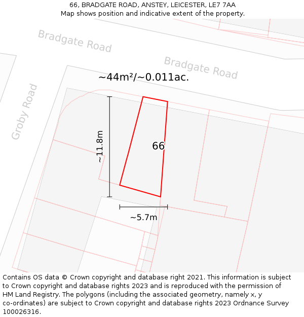 66, BRADGATE ROAD, ANSTEY, LEICESTER, LE7 7AA: Plot and title map