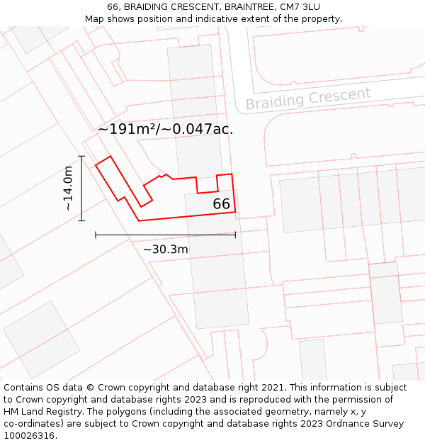 66, BRAIDING CRESCENT, BRAINTREE, CM7 3LU: Plot and title map
